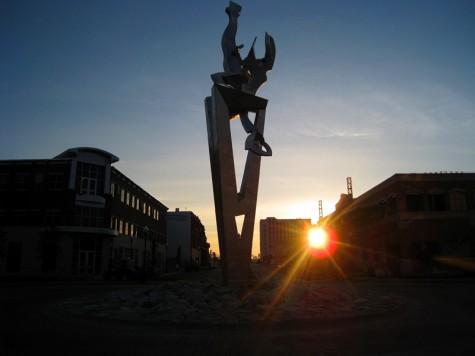 The Richard Hunt sculpture, Muskegon Together Rising, on the morning of June 24, 2008