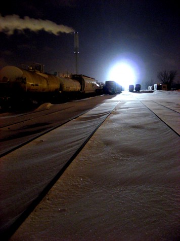 The tower light near the Muskegon River bridge illuminates the northern railroad yards on February 1, 2008