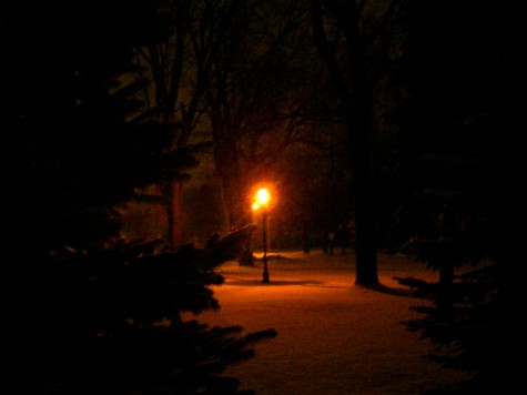 A lamp lights the walking path in Muskegon's Heritage Landing on a December morning in 2005.